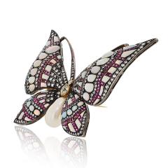 18K Yellow Gold Silver Light Blue Opal And Daimond Butterfly Brooch - 4157588