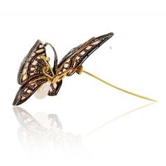18K Yellow Gold Silver Light Blue Opal And Daimond Butterfly Brooch - 4157589