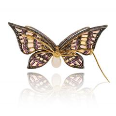 18K Yellow Gold Silver Light Blue Opal And Daimond Butterfly Brooch - 4157590