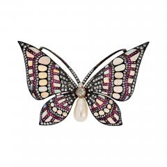 18K Yellow Gold Silver Light Blue Opal And Daimond Butterfly Brooch - 4160021