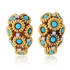 18K Yellow Gold Turquoise And Diamond Flower Motif Clip On Earrings - 4383938