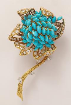 18k Gold Turquoise Diamond Brooch - 478609