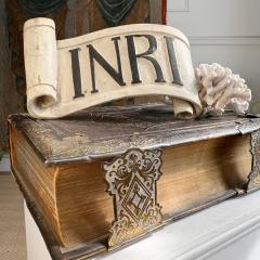 18th C Carved Wood Religious INRI Scroll Jesus of Nazareth King of the Jews - 4124061
