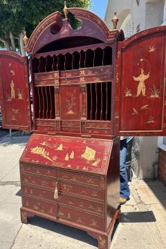 18th C Style George I Red Gold Chinoiserie Secretary Desk by Burton Ching - 3935837