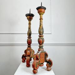 18th Century Baroque Polychrome Wood Candle Sticks - 3892292