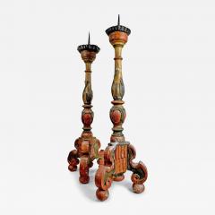 18th Century Baroque Polychrome Wood Candle Sticks - 3893369