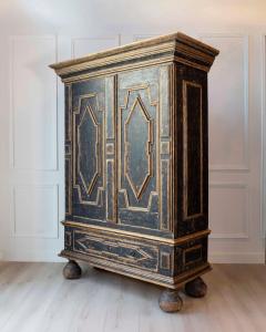 18th Century Baroque Two Part Cabinet with Black Finish and Blue Interior - 4571756