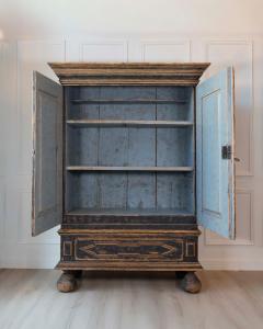 18th Century Baroque Two Part Cabinet with Black Finish and Blue Interior - 4571769
