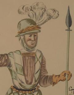 18th Century Hand Colored Engraving of Renaissance Soldier Probably German - 4145844