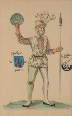 18th Century Hand Colored Engraving of Renaissance Soldier Probably German - 4148682