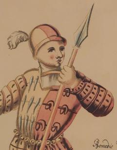 18th Century Hand Colored Engraving of Renaissance Soldier Probably German - 4145856