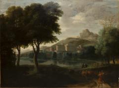 18th FRENCH SCHOOL LANDSCAPE WITH A FORTIFIED SETTLEMENT AND ANIMALS GRAZING - 4006367