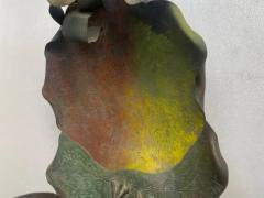 1900 Art Nouveau Patinated Bronze Fruit Basket Japanese Crane And Water Lilies - 3336182