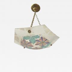 1930 French White Turquoise Pink Enamel Art Glass Brass Chain Pendant Chandelier - 4225596
