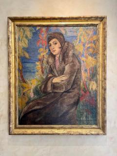 1930 s Art Deco Paris Portrait Oil Painting of a Flapper in a Fur Coat - 2839183