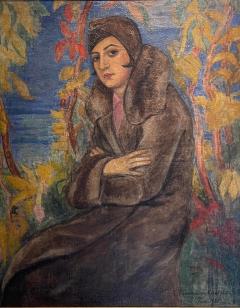 1930 s Art Deco Paris Portrait Oil Painting of a Flapper in a Fur Coat - 2839188