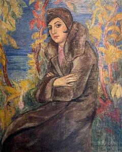 1930 s Art Deco Paris Portrait Oil Painting of a Flapper in a Fur Coat - 2841044