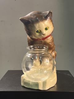 1930S CARNIVAL PRIZE CAT WITH GOLDFISH BOWL CHALKWARE FIGURINE - 3735821