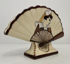 1930s French Signed Henriot Quimper Faience Yellow Fan Breton Man Woman Decor - 4414529