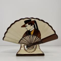 1930s French Signed Henriot Quimper Faience Yellow Fan Breton Man Woman Decor - 4414532