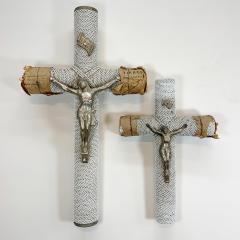 1930s French White Glass Bead and Zinc Memorial Crucifixes - 3335430