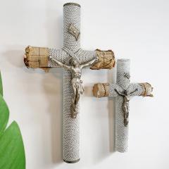 1930s French White Glass Bead and Zinc Memorial Crucifixes - 3335432