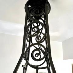 1930s Italian Art Deco White Green Murano Glass Black Iron Chandelier Lantern - 4278194