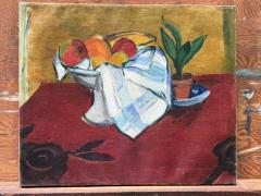 1936 ABSTRACT STILL LIFE OF FRUIT IN PEDESTAL BOWL ON ROSE DESIGN CLOTH PAINTING - 4739644