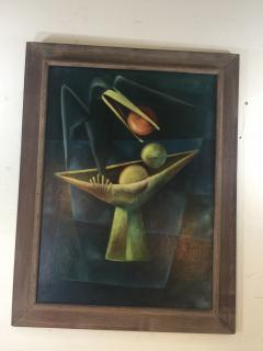 1940S CUBIST OIL PAINTING OF BLACK BIRD WITH BOWL OF FRUIT - 853090