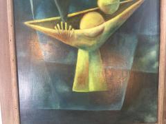 1940S CUBIST OIL PAINTING OF BLACK BIRD WITH BOWL OF FRUIT - 853091