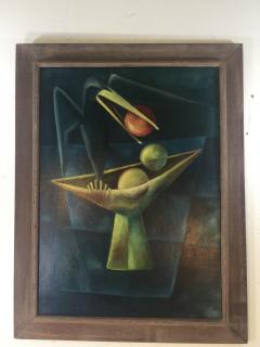 1940S CUBIST OIL PAINTING OF BLACK BIRD WITH BOWL OF FRUIT - 853093