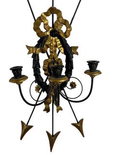 1940S PAIR REGENCY GILT BLACK WOOD BUNDLE OF ARROWS THREE CANDLE WALL SCONCES - 4410282