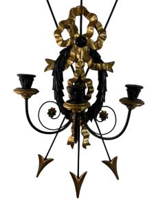 1940S PAIR REGENCY GILT BLACK WOOD BUNDLE OF ARROWS THREE CANDLE WALL SCONCES - 4410284
