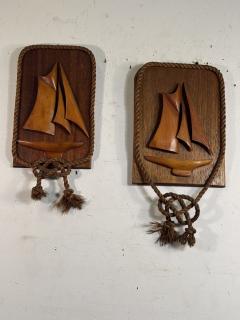 1940S WOODEN CARVED SAILBOAT PLAQUES WITH KNOTTED ROPE FRAME - 4404190