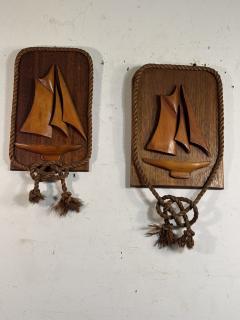 1940S WOODEN CARVED SAILBOAT PLAQUES WITH KNOTTED ROPE FRAME - 4404192