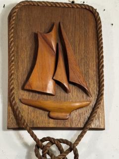 1940S WOODEN CARVED SAILBOAT PLAQUES WITH KNOTTED ROPE FRAME - 4404193