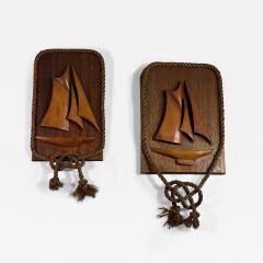 1940S WOODEN CARVED SAILBOAT PLAQUES WITH KNOTTED ROPE FRAME - 4412697