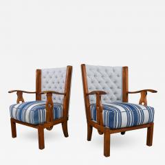 1940s French Orkney Style Oak Armchairs New Upholstery Vintage French Coverlet - 2226227