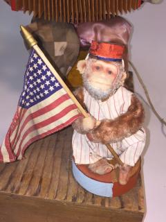 1940s HAND MADE CLOWN PLAYING ACCORDIAN AND MONKEY WITH FLAG AUTOMATON - 3347055