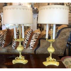 1940s Hollywood Regency Yellow Tole Bouillotte Lamps with Custom Shade a Pair - 1721774