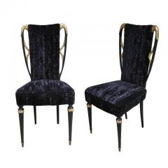 1940s Italian Late Art Deco Pair Gilded Black Lacquered Chairs in Black Velvet - 2885158