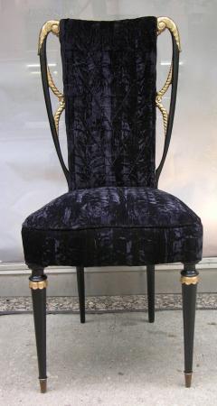 1940s Italian Late Art Deco Pair Gilded Black Lacquered Chairs in Black Velvet - 2885172