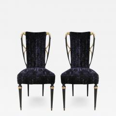 1940s Italian Late Art Deco Pair Gilded Black Lacquered Chairs in Black Velvet - 2886045