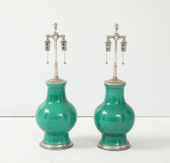 1940s Pair of Large Ceramic Lamps With A Stunning Emerald Green Glaze  - 4721484