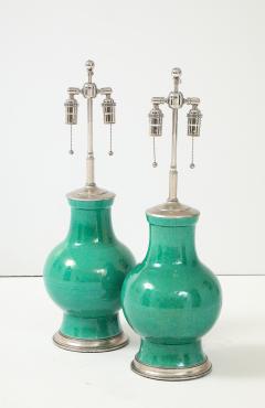 1940s Pair of Large Ceramic Lamps With A Stunning Emerald Green Glaze  - 4721485