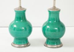 1940s Pair of Large Ceramic Lamps With A Stunning Emerald Green Glaze  - 4721486