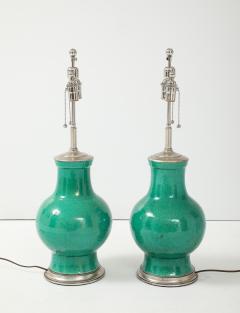 1940s Pair of Large Ceramic Lamps With A Stunning Emerald Green Glaze  - 4721487