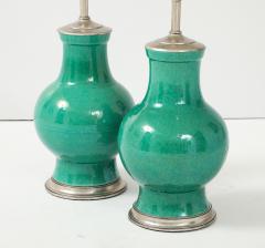 1940s Pair of Large Ceramic Lamps With A Stunning Emerald Green Glaze  - 4721488