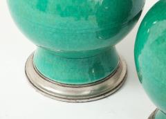 1940s Pair of Large Ceramic Lamps With A Stunning Emerald Green Glaze  - 4721491