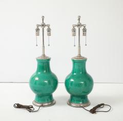 1940s Pair of Large Ceramic Lamps With A Stunning Emerald Green Glaze  - 4721493